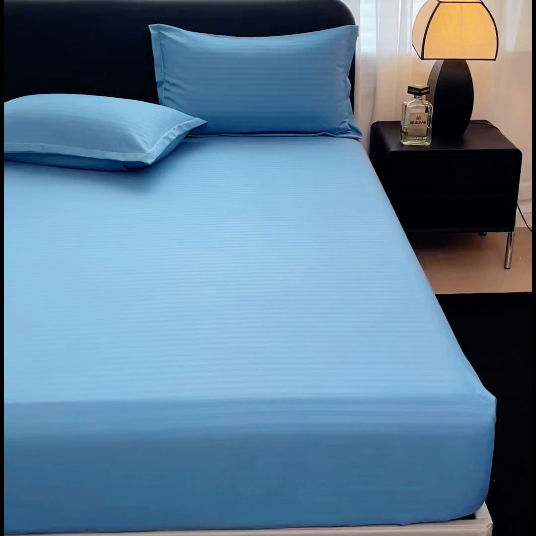 91家纺网 家纺一手货源 找家纺 恬澳家纺 2025新款简约磨毛压花床笠外贸跨境电商亚马逊速卖通单床笠三件套欧美尺寸多多跨境平台TEMU SHEIN 条纹-蓝