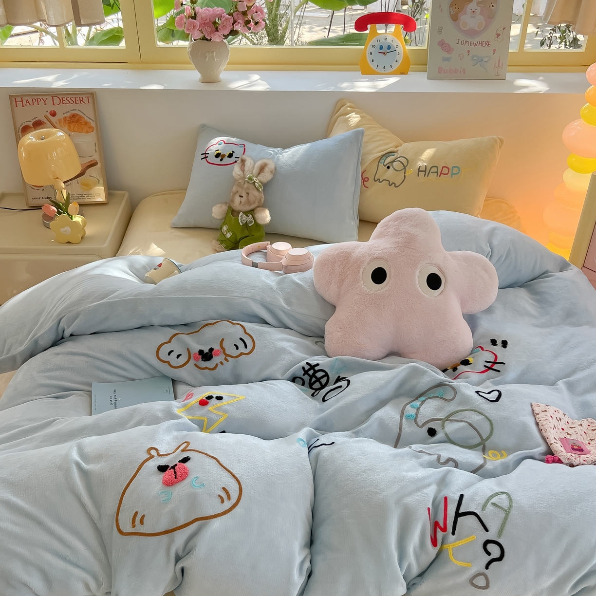 91家纺网 家纺一手货源 找家纺 子钦家纺 2025新款加厚牛奶绒INS风撞色毛巾绣四件套-彩虹天堂 彩虹天堂-天蓝