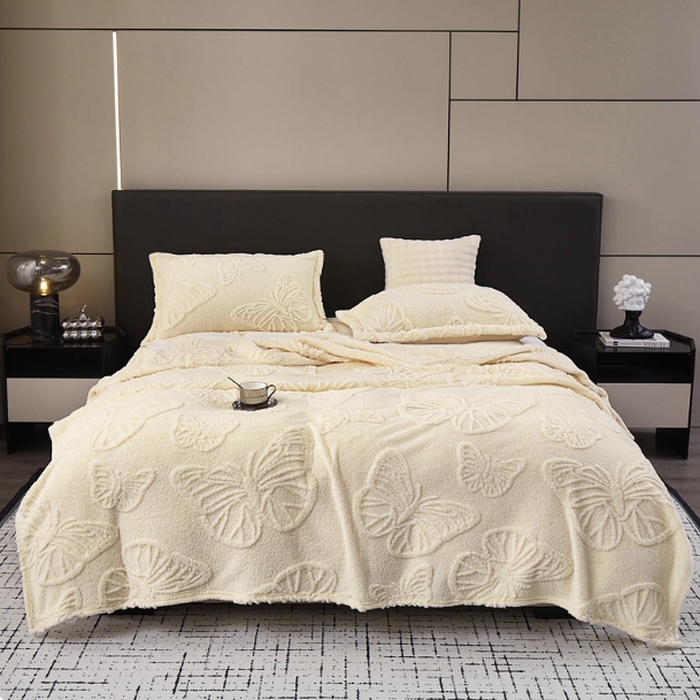 喜歌家居 2025新款蝴蝶提花毯 米白色