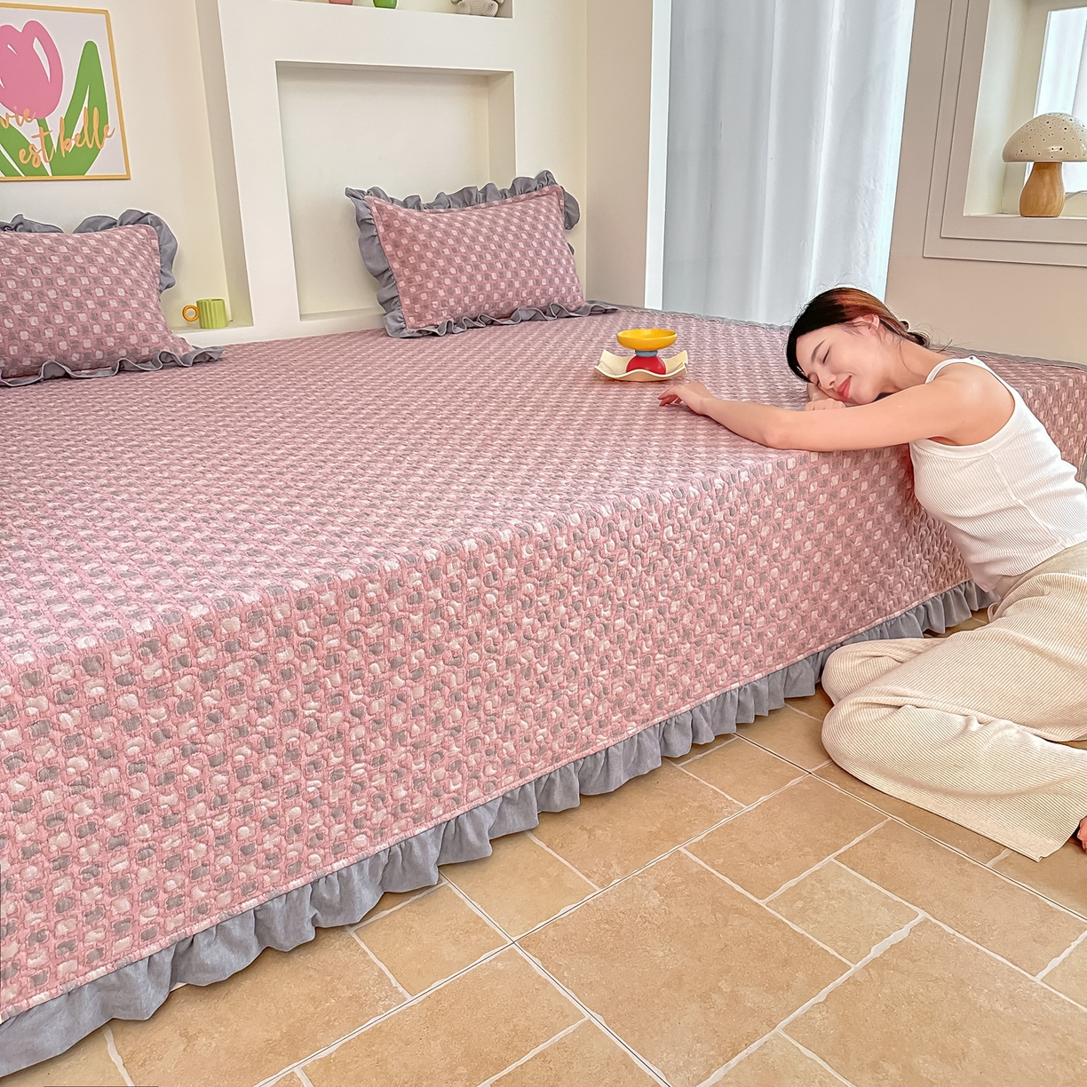 91家纺网 家纺一手货源 找家纺 手艺人家纺 2025新款双层纱夹棉防滑炕盖 榻榻米床盖 炕单床盖A20-A26 A26