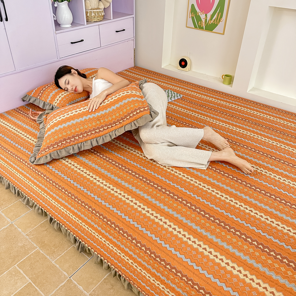 91家纺网 家纺一手货源 找家纺 手艺人家纺 2025新款双层纱夹棉防滑炕盖 榻榻米床盖 炕单床盖A20-A26 A23