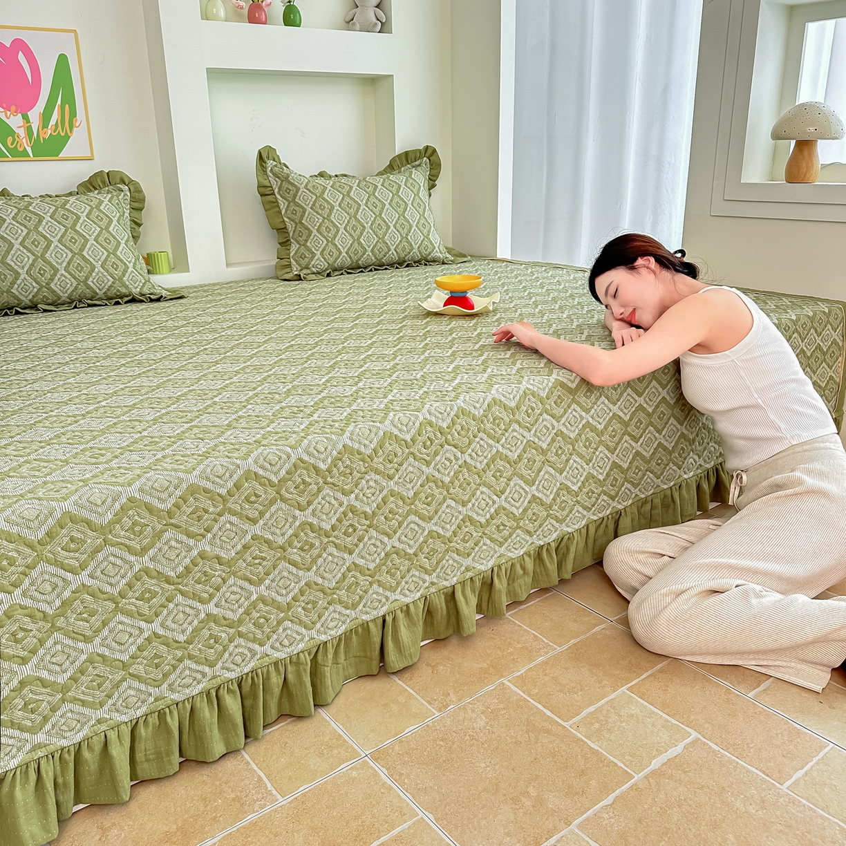 91家纺网 家纺一手货源 找家纺 手艺人家纺 2025新款双层纱夹棉防滑炕盖 榻榻米床盖 炕单床盖A20-A26 A21