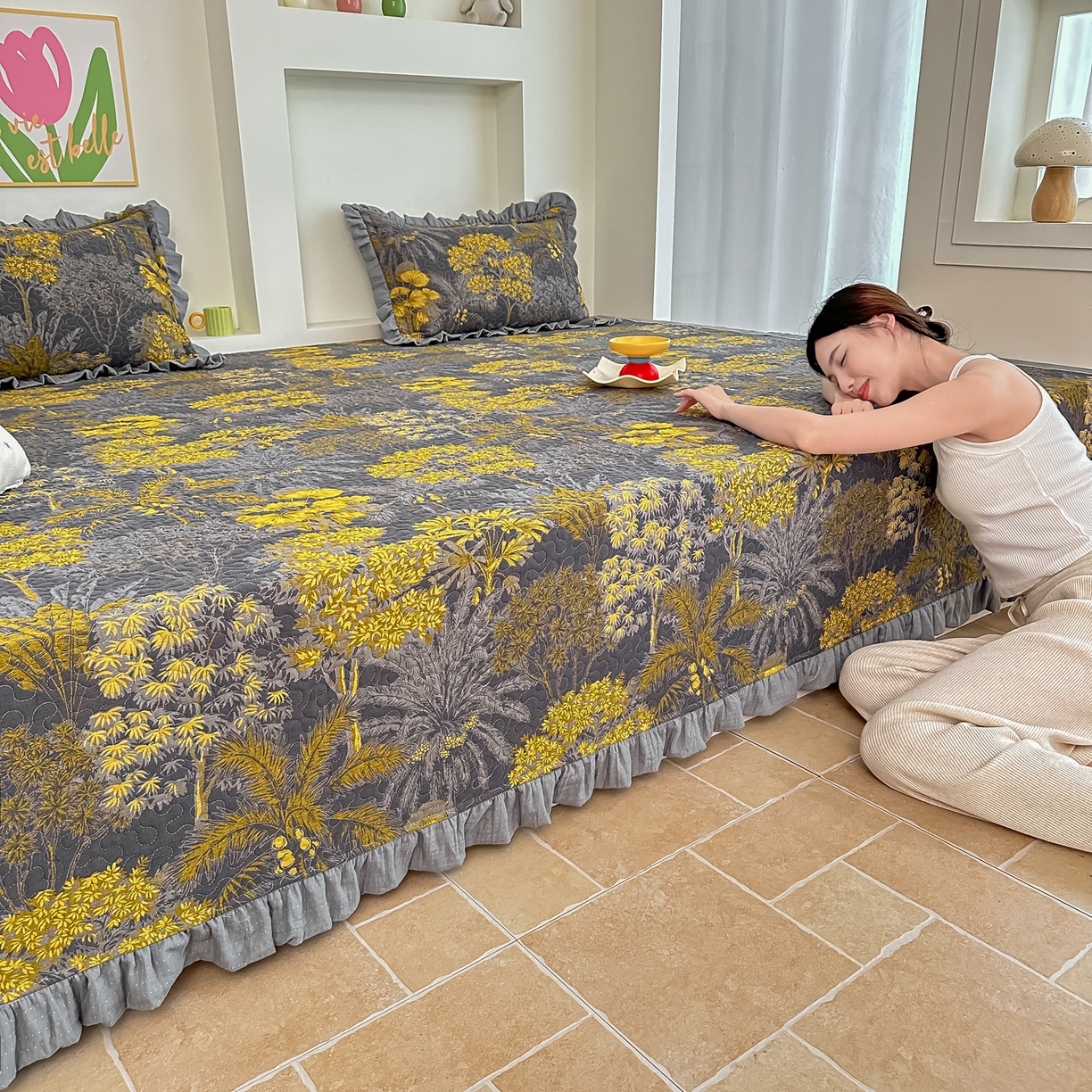 91家纺网 家纺一手货源 找家纺 手艺人家纺 2025新款双层纱夹棉防滑炕盖 榻榻米床盖 炕单床盖A20-A26 A25