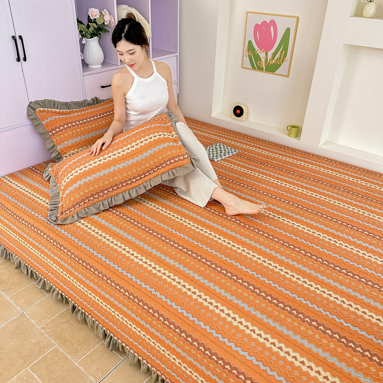 91家纺网 家纺一手货源 找家纺 手艺人家纺 2025新款双层纱夹棉防滑炕盖 榻榻米床盖 炕单床盖A20-A26 A23