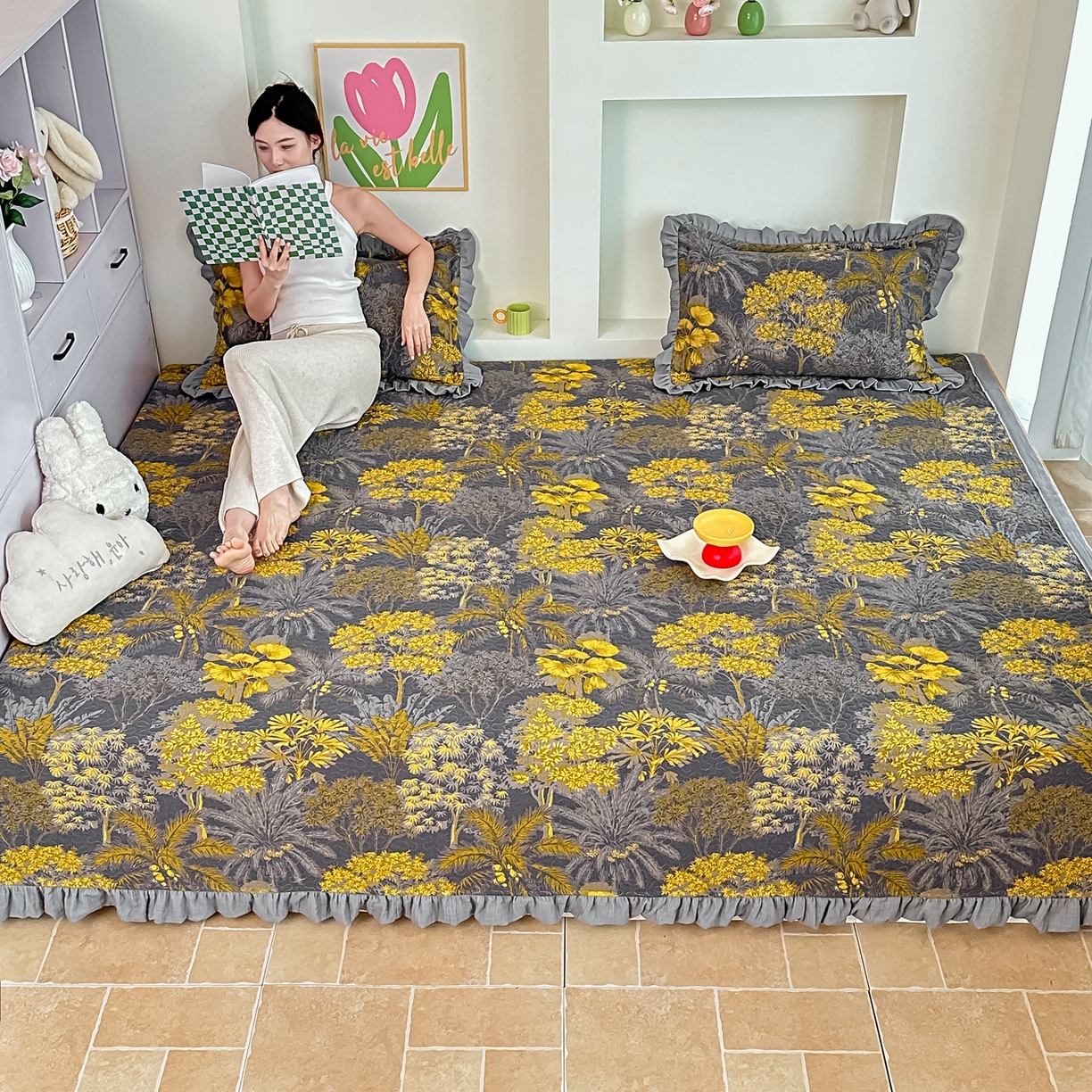 91家纺网 家纺一手货源 找家纺 手艺人家纺 2025新款双层纱夹棉防滑炕盖 榻榻米床盖 炕单床盖A20-A26 A25