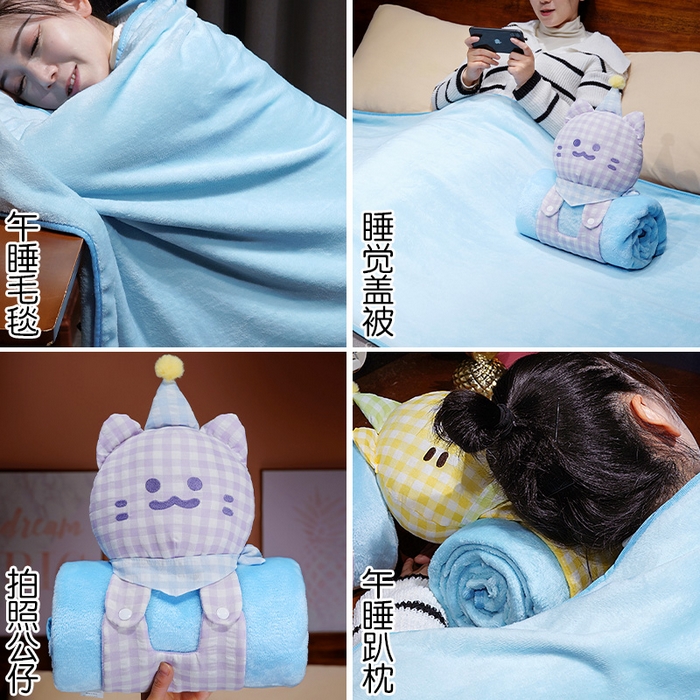 91家纺网 家纺一手货源 找家纺 仟亿莱 2025新款带帽方巾喵立体卷毯 卷卷黄格喵