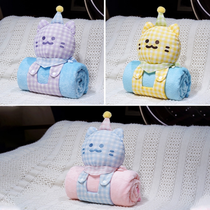 91家纺网 家纺一手货源 找家纺 仟亿莱 2025新款带帽方巾喵立体卷毯 卷卷蓝格喵