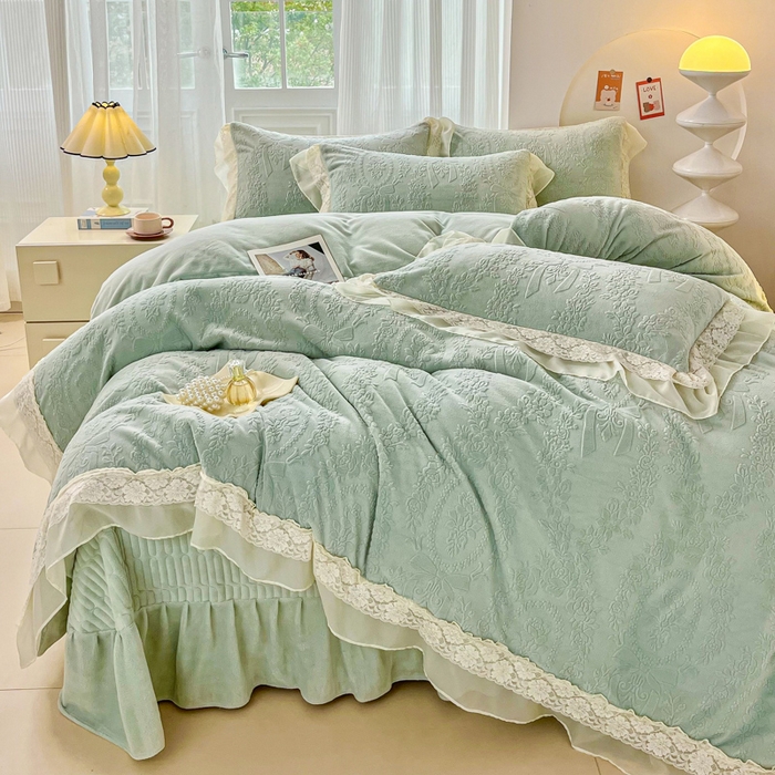 七七家纺 2025新款雕花牛奶绒夹棉床盖四件套-若梦系列 若梦-薄荷绿