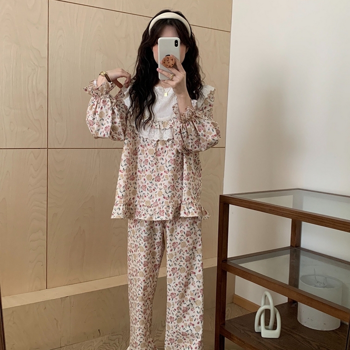 （总）妍景家居生活馆 2025新款82890-韩系方领蕾丝边碎花套装