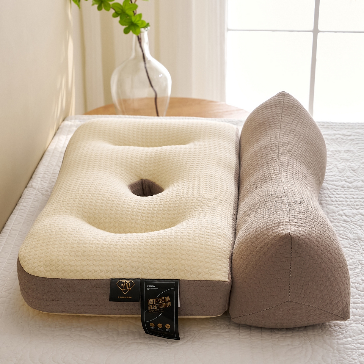 91家纺网 家纺一手货源 找家纺 乐可 2025新款科技护耳组合枕枕头枕芯 科技护耳组合枕-K1咖