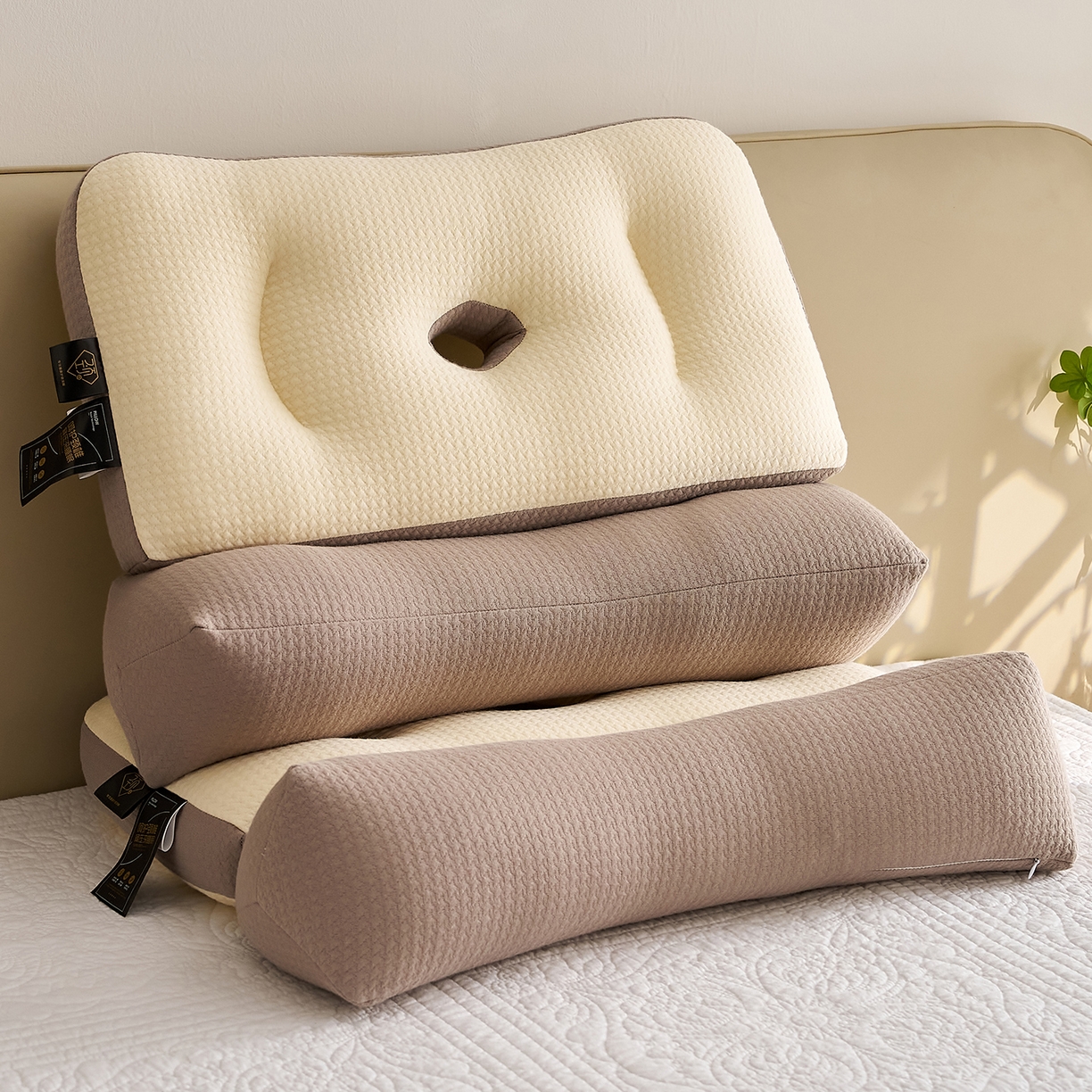 91家纺网 家纺一手货源 找家纺 乐可 2025新款科技护耳组合枕枕头枕芯 科技护耳组合枕-K1咖