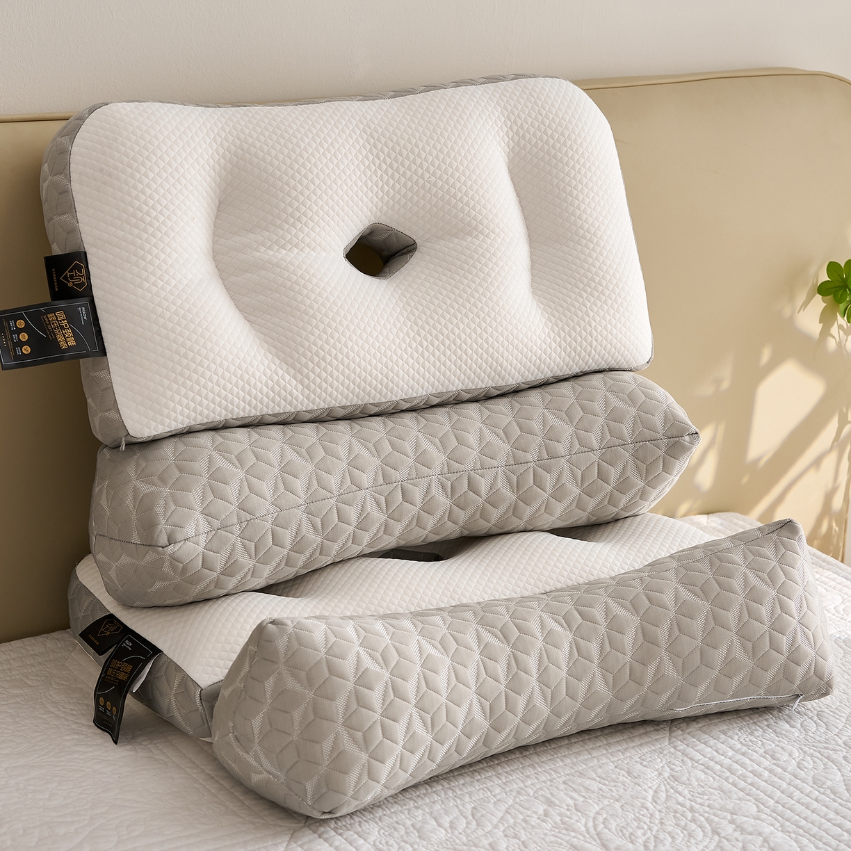 91家纺网 家纺一手货源 找家纺 乐可 2025新款科技护耳组合枕枕头枕芯 科技护耳组合枕-K1灰