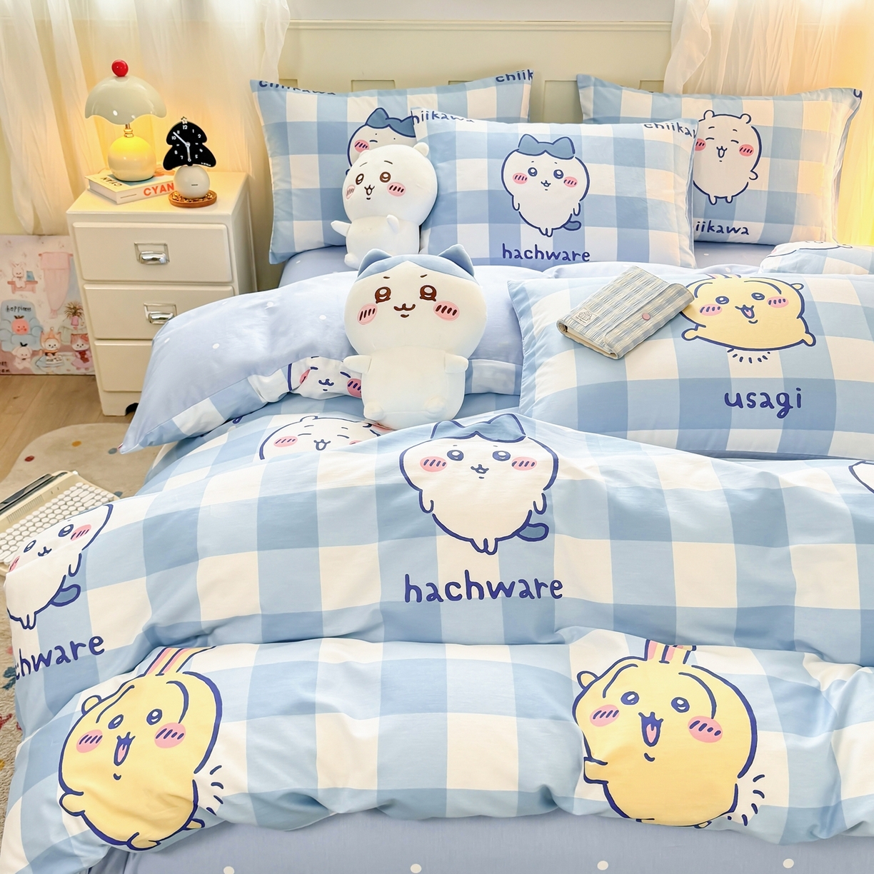 91家纺网 家纺一手货源 找家纺 （总）博雅 2025新款吉伊卡哇正版授权全棉纯棉四件套-蓝格吉伊卡哇