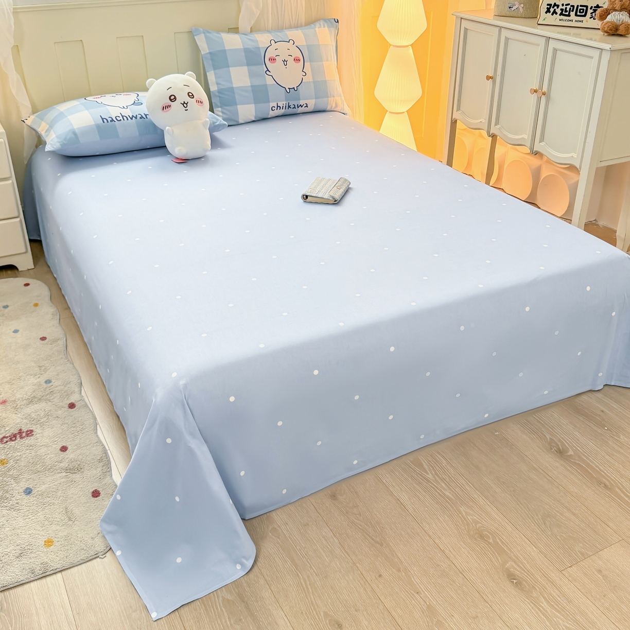 91家纺网 家纺一手货源 找家纺 （总）博雅 2025新款吉伊卡哇正版授权全棉纯棉四件套-蓝格吉伊卡哇