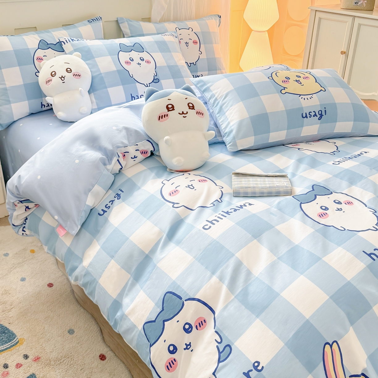 91家纺网 家纺一手货源 找家纺 （总）博雅 2025新款吉伊卡哇正版授权全棉纯棉四件套-蓝格吉伊卡哇