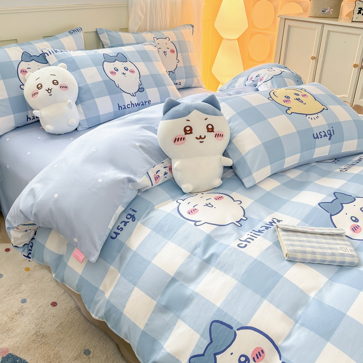 91家纺网 家纺一手货源 找家纺 （总）博雅 2025新款吉伊卡哇正版授权全棉纯棉四件套-蓝格吉伊卡哇