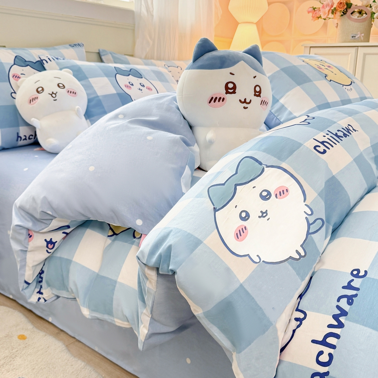 91家纺网 家纺一手货源 找家纺 （总）博雅 2025新款吉伊卡哇正版授权全棉纯棉四件套-蓝格吉伊卡哇