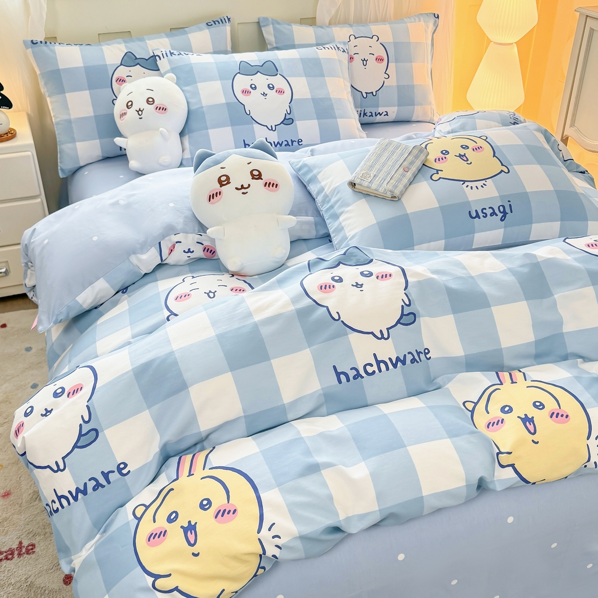 91家纺网 家纺一手货源 找家纺 （总）博雅 2025新款吉伊卡哇正版授权全棉纯棉四件套-蓝格吉伊卡哇