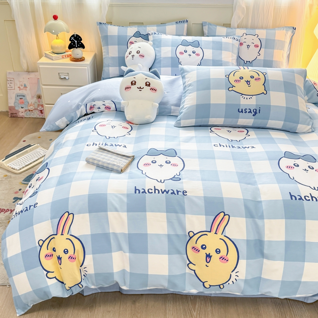 91家纺网 家纺一手货源 找家纺 （总）博雅 2025新款吉伊卡哇正版授权全棉纯棉四件套-蓝格吉伊卡哇