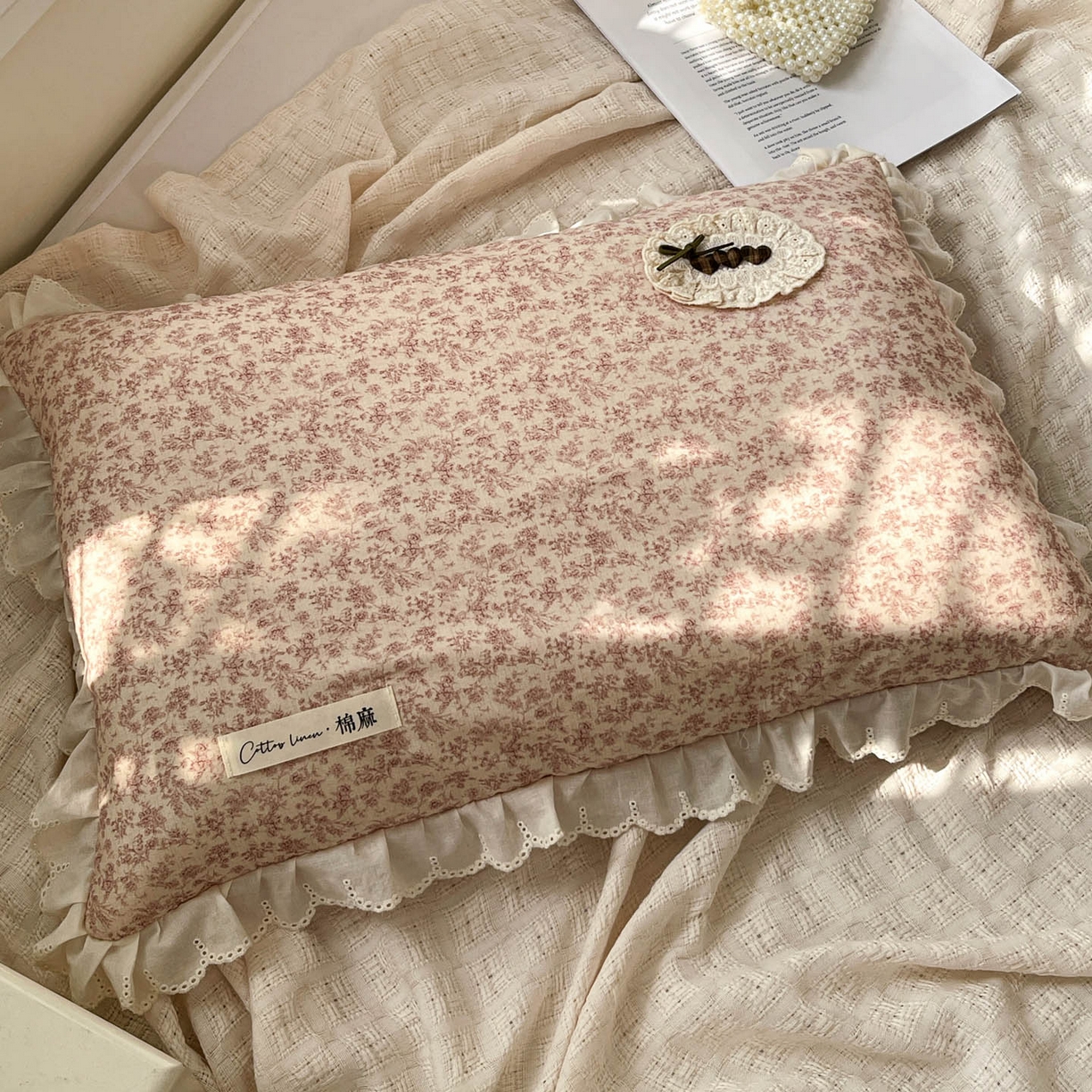 91家纺网 家纺一手货源 找家纺 亦帆枕芯 2025新款棉麻法式花边枕荞枕芯加枕套荞麦款丝绒款可选40x60cm 一米阳光-粉色碎花