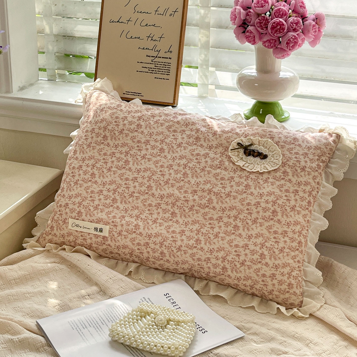 91家纺网 家纺一手货源 找家纺 亦帆枕芯 2025新款棉麻法式花边枕荞枕芯加枕套荞麦款丝绒款可选40x60cm 一米阳光-粉色碎花