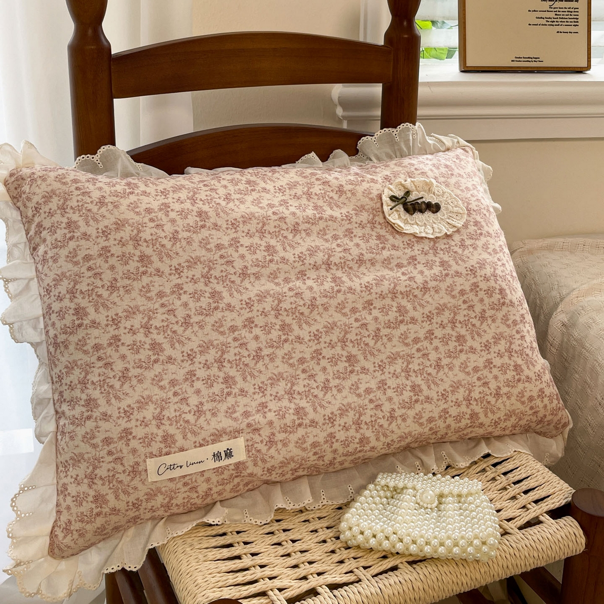 91家纺网 家纺一手货源 找家纺 亦帆枕芯 2025新款棉麻法式花边枕荞枕芯加枕套荞麦款丝绒款可选40x60cm 一米阳光-粉色碎花