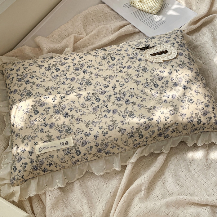 亦帆枕芯 2025新款棉麻法式花边枕荞枕芯加枕套荞麦款丝绒款可选40x60cm 一米阳光-蓝色花海