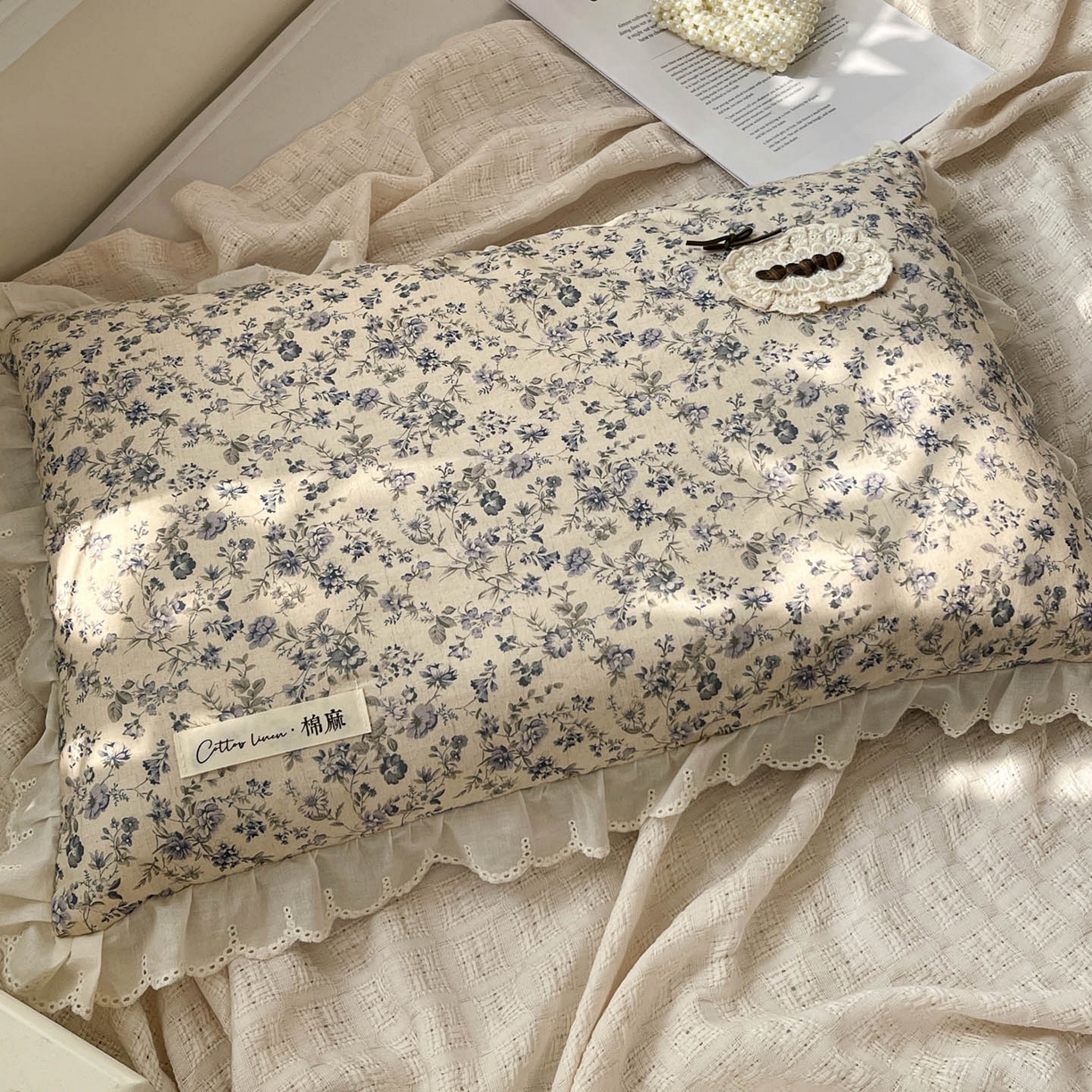 91家纺网 家纺一手货源 找家纺 亦帆枕芯 2025新款棉麻法式花边枕荞枕芯加枕套荞麦款丝绒款可选40x60cm 一米阳光-蓝色花海