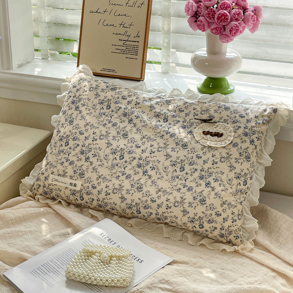 91家纺网 家纺一手货源 找家纺 亦帆枕芯 2025新款棉麻法式花边枕荞枕芯加枕套荞麦款丝绒款可选40x60cm 一米阳光-蓝色花海