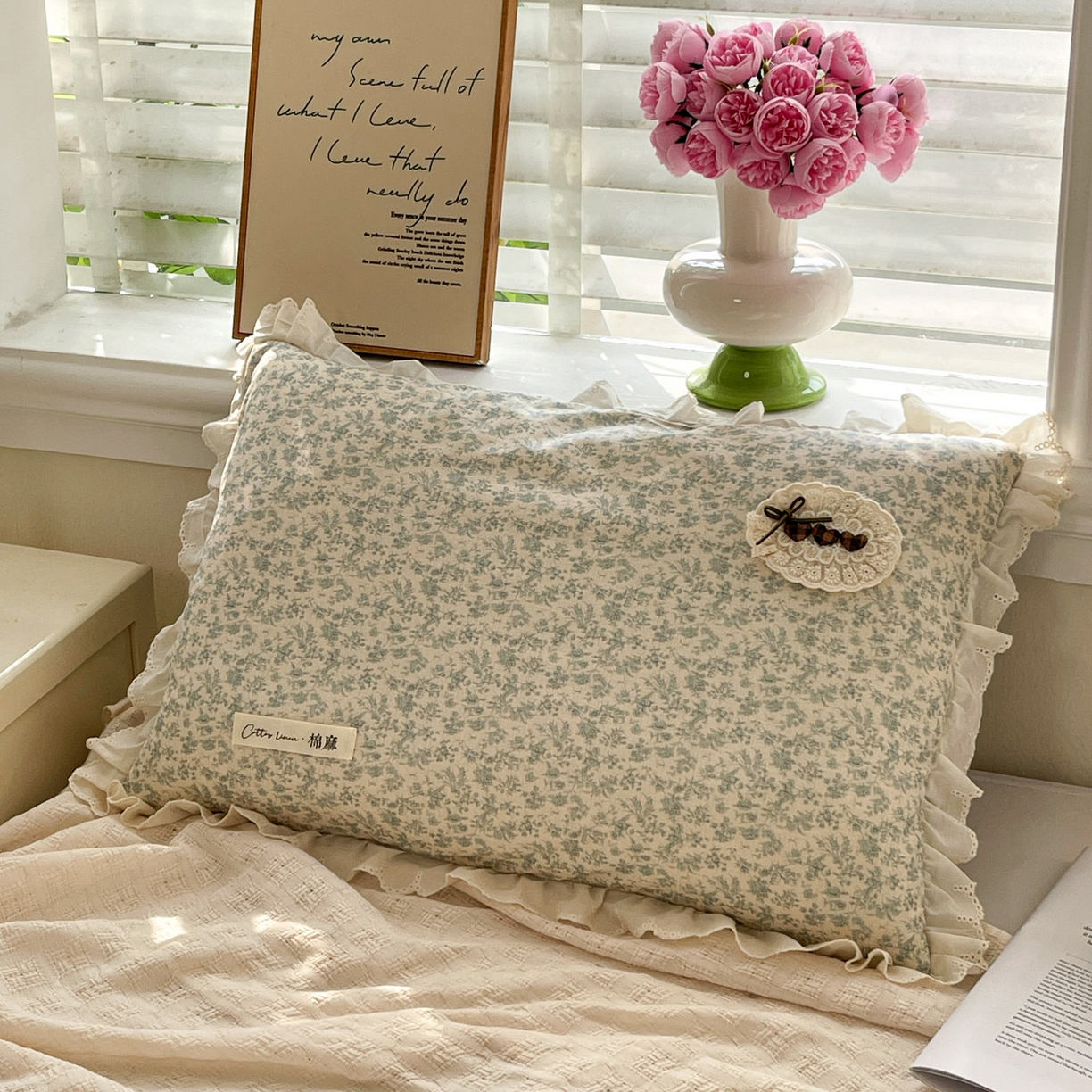 91家纺网 家纺一手货源 找家纺 亦帆枕芯 2025新款棉麻法式花边枕荞枕芯加枕套荞麦款丝绒款可选40x60cm 一米阳光-栀子花开
