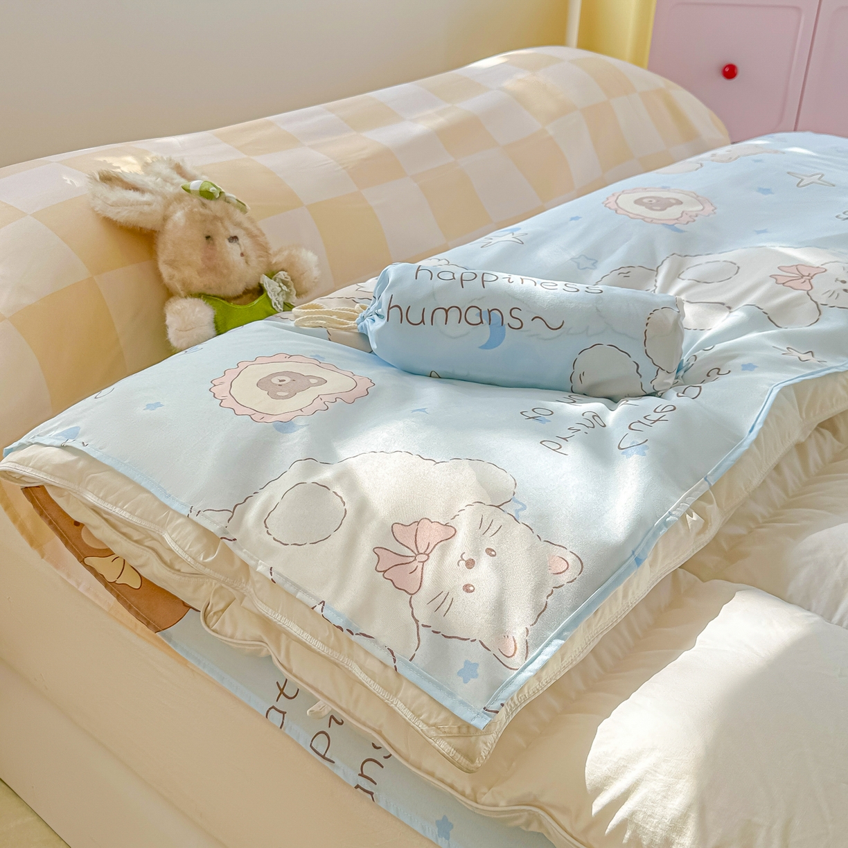 91家纺网 家纺一手货源 找家纺 柒星睡袋 2025新款新升级mini收纳袋印花系列隔脏睡袋 萌宠乐园