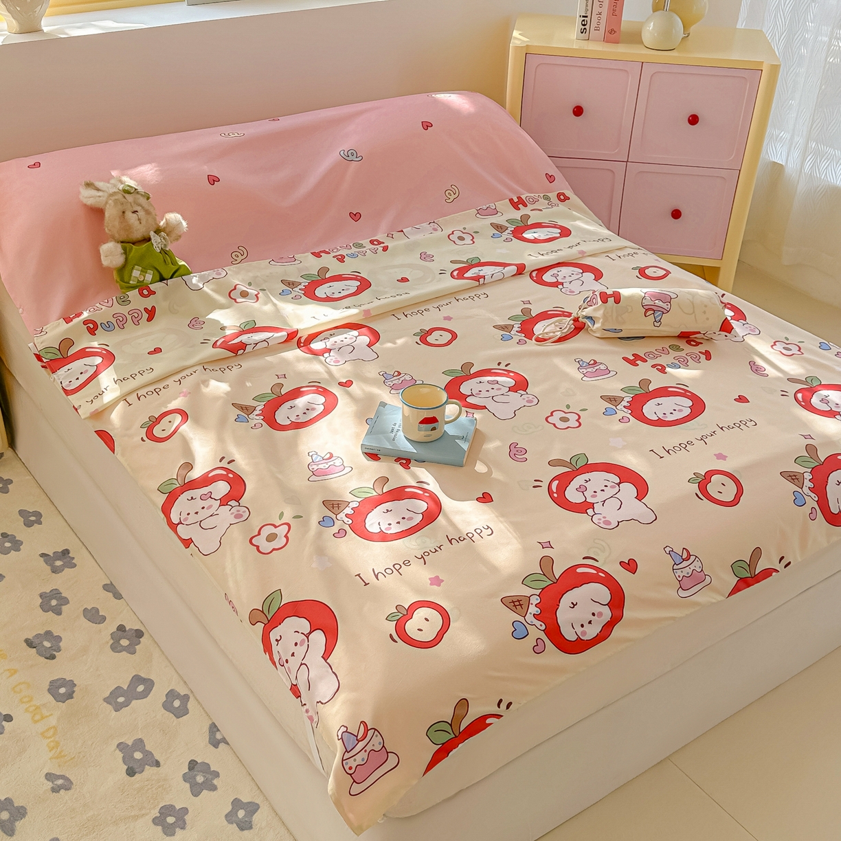 91家纺网 家纺一手货源 找家纺 柒星睡袋 2025新款新升级mini收纳袋印花系列隔脏睡袋 小苹果