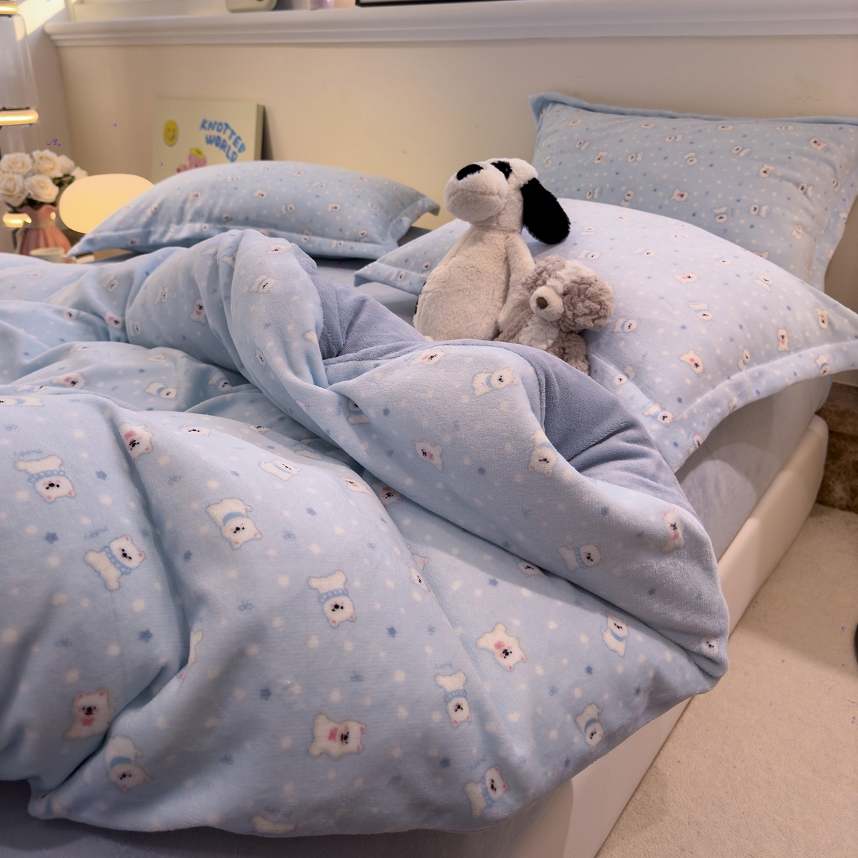 91家纺网 家纺一手货源 找家纺 慕尚家纺 2025新款高克重田园花卉类加厚牛奶绒3.5kg四件套 泡芙小狗