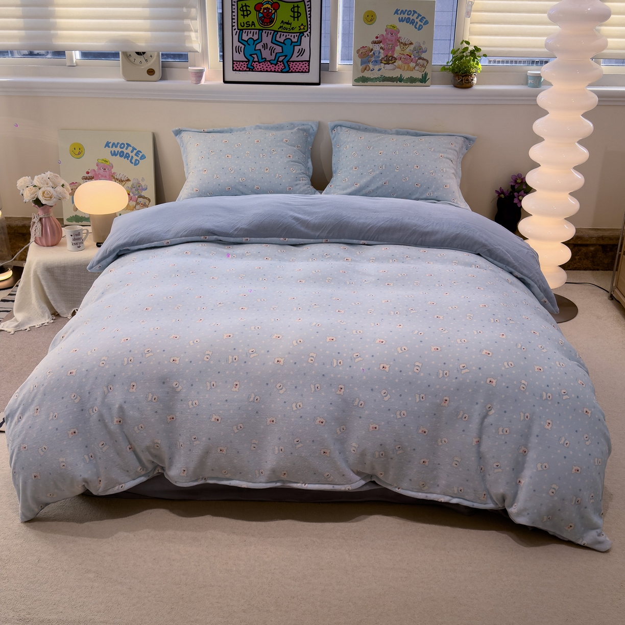 91家纺网 家纺一手货源 找家纺 慕尚家纺 2025新款田园花卉类印花牛奶绒高克重单被套 泡芙小狗