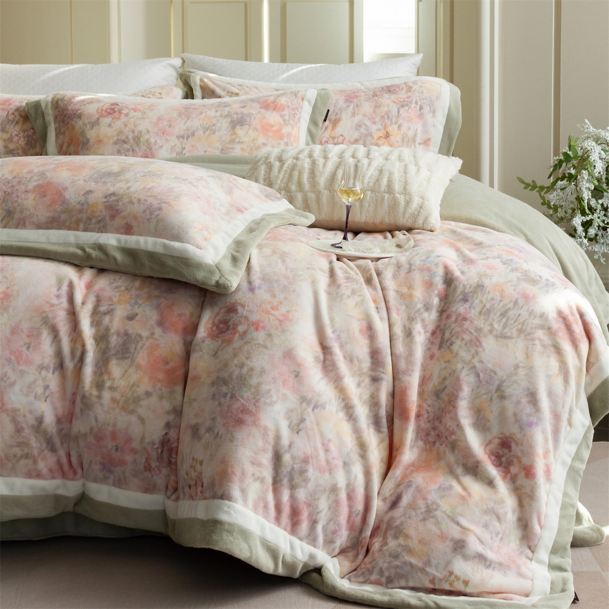 91家纺网 家纺一手货源 找家纺 馨蕊 2025新款意大利进口雕花绒拼角工艺秋冬轻奢煦暖绒系列- 绒兰蔻 会员-10【券后控价298/318】 绒兰蔻-氧气绿