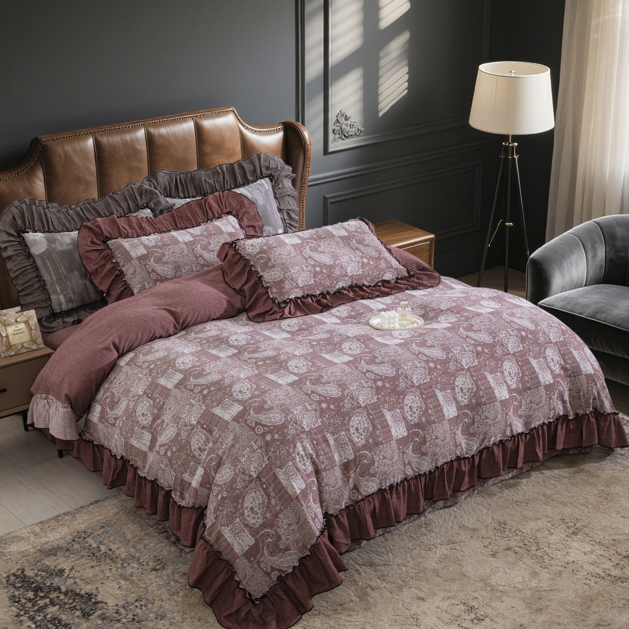 91家纺网 家纺一手货源 找家纺 仰望棉麻双层纱供应链 2025新款韩系兰亭序中古风全棉色织提花四件套 兰亭序-咖