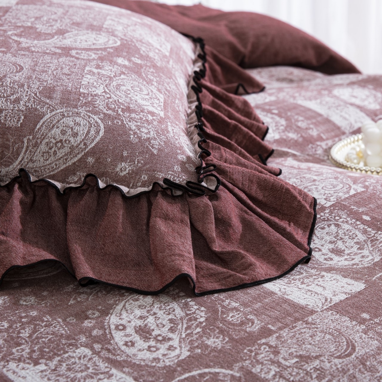 91家纺网 家纺一手货源 找家纺 仰望棉麻双层纱供应链 2025新款韩系兰亭序中古风全棉色织提花四件套 兰亭序-咖