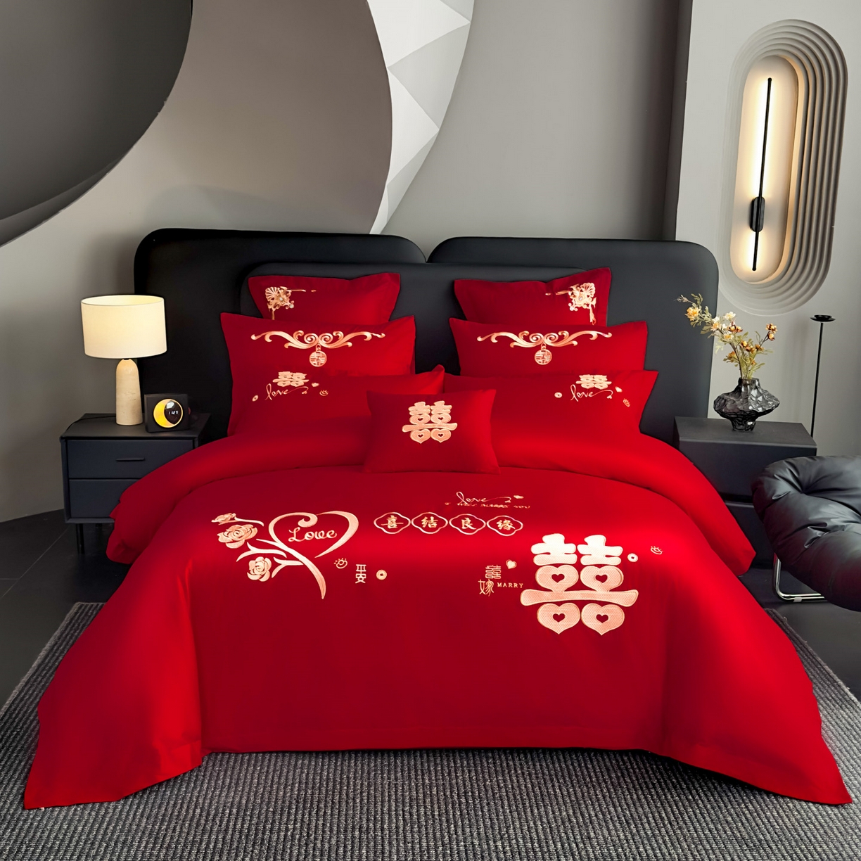 91家纺网 家纺一手货源 找家纺 娇伊诗婚庆 2025新款刺绣工艺全棉婚庆四件套系列 喜结良缘