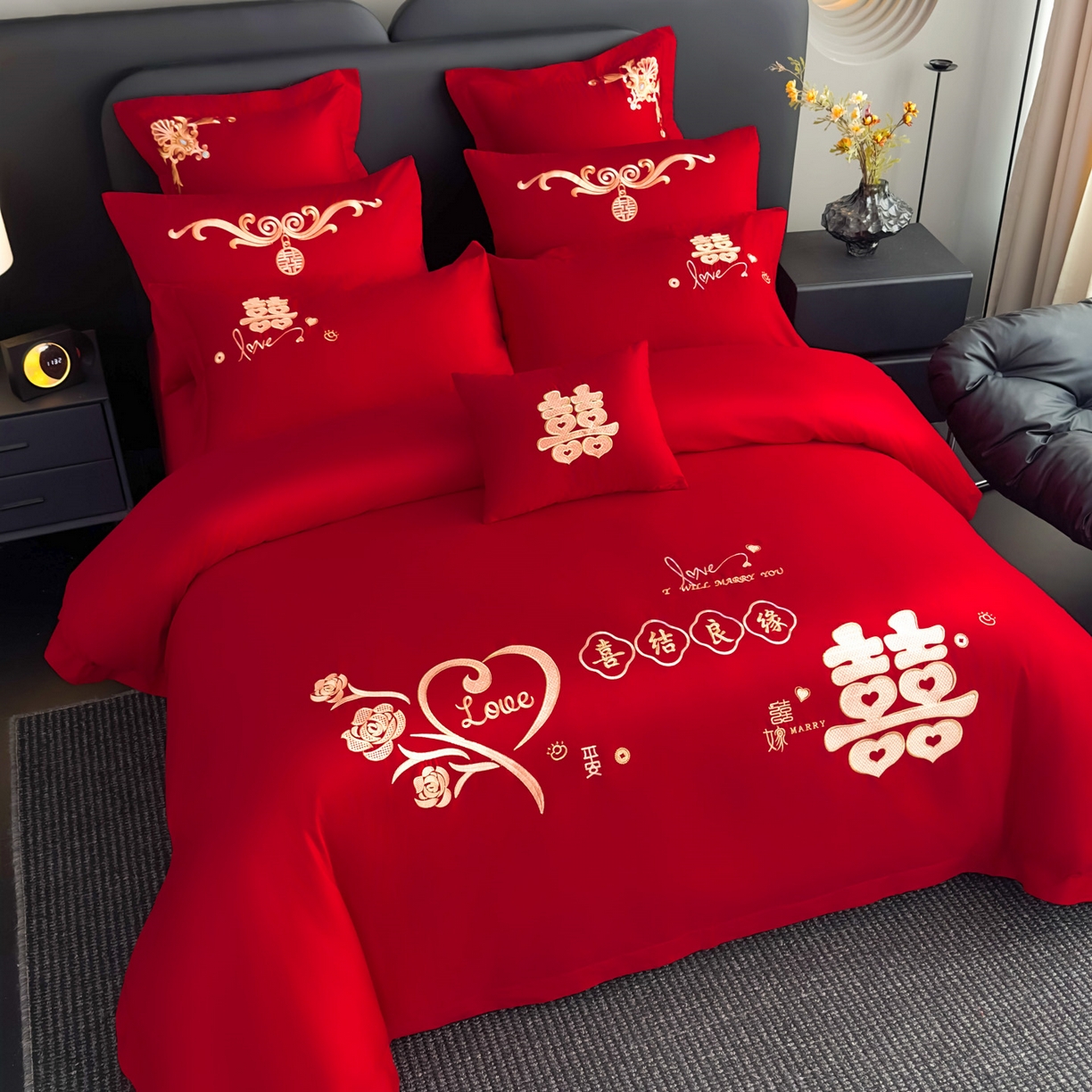 91家纺网 家纺一手货源 找家纺 娇伊诗婚庆 2025新款刺绣工艺全棉婚庆四件套系列 喜结良缘