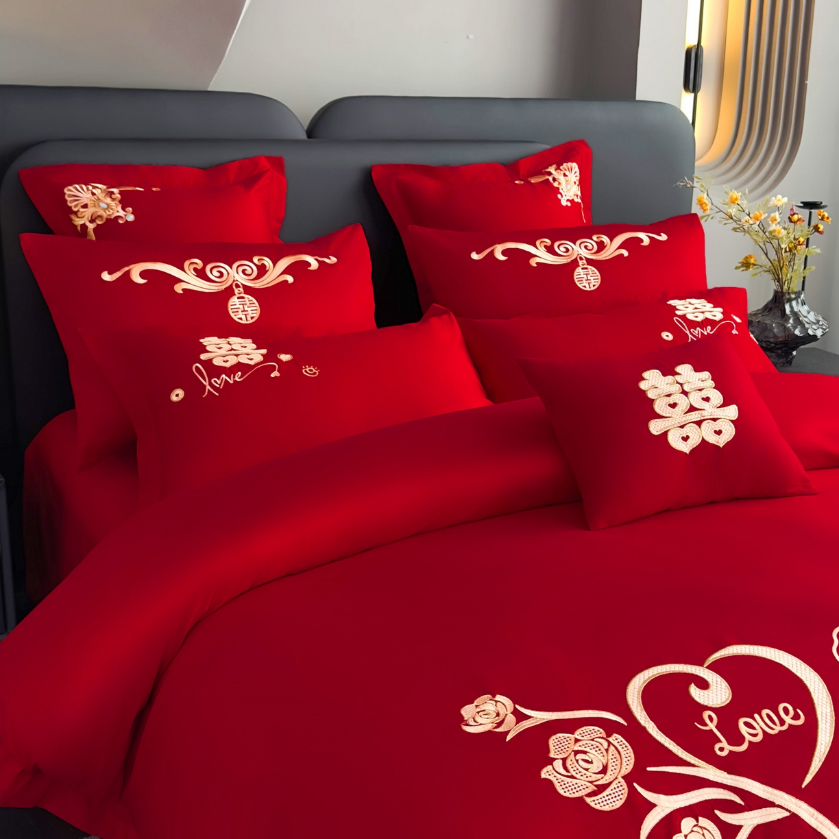 91家纺网 家纺一手货源 找家纺 娇伊诗婚庆 2025新款刺绣工艺全棉婚庆四件套系列 喜结良缘