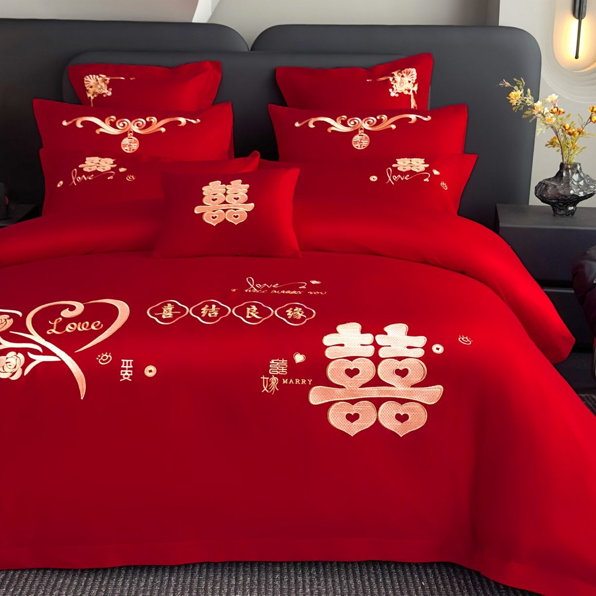 91家纺网 家纺一手货源 找家纺 娇伊诗婚庆 2025新款刺绣工艺全棉婚庆四件套系列 喜结良缘