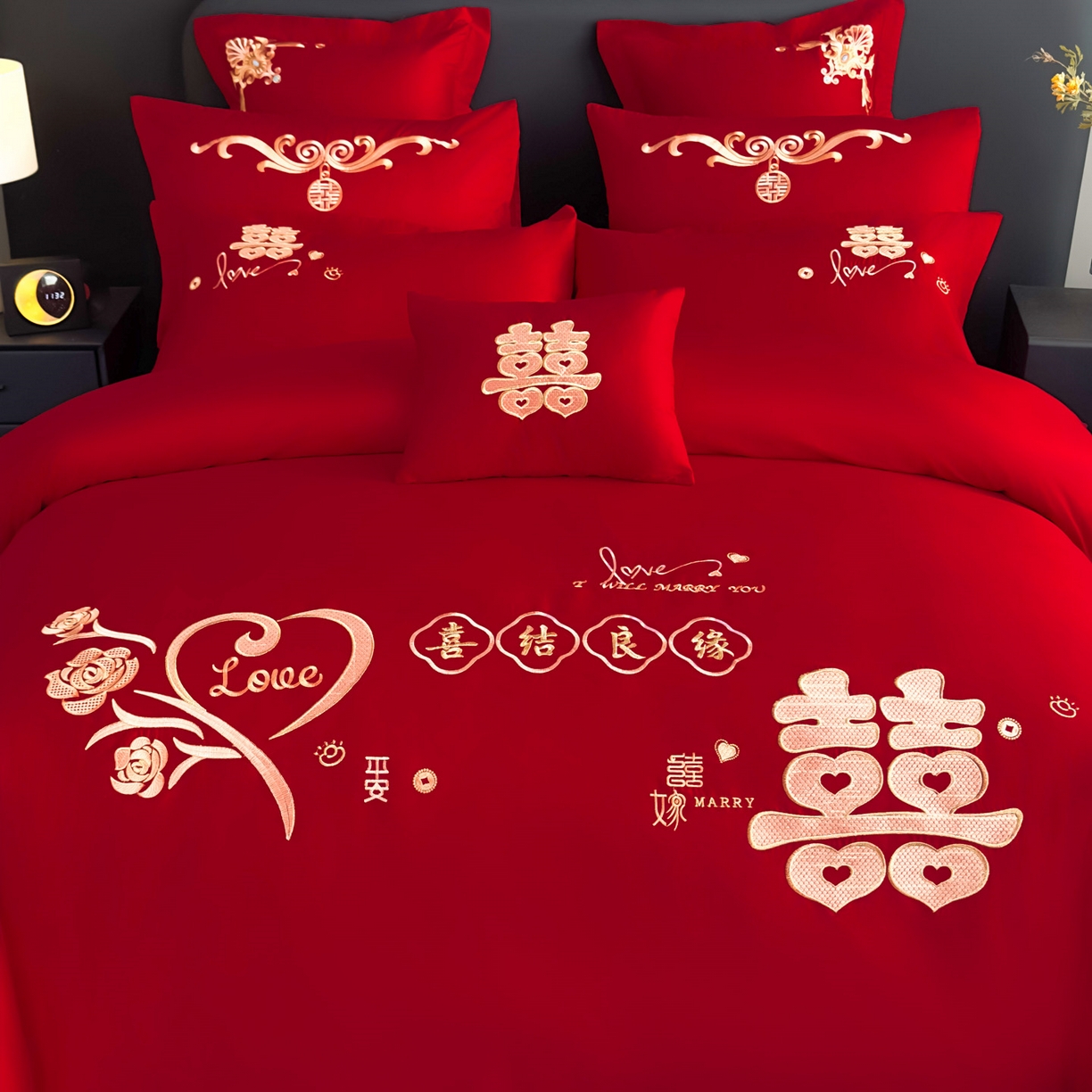 91家纺网 家纺一手货源 找家纺 娇伊诗婚庆 2025新款刺绣工艺全棉婚庆四件套系列 喜结良缘