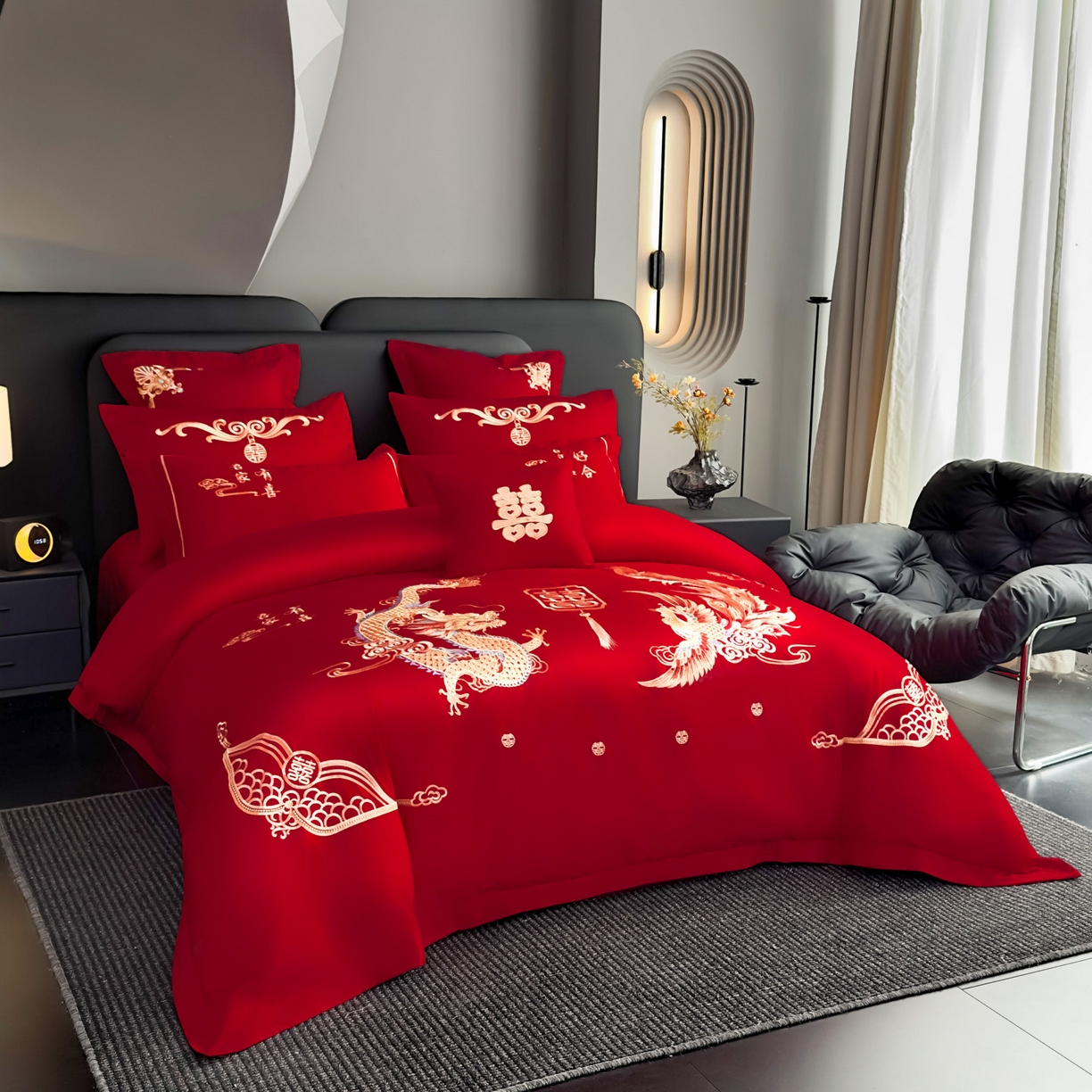 91家纺网 家纺一手货源 找家纺 娇伊诗婚庆 2025新款刺绣工艺全棉婚庆四件套系列 龙凤贺喜