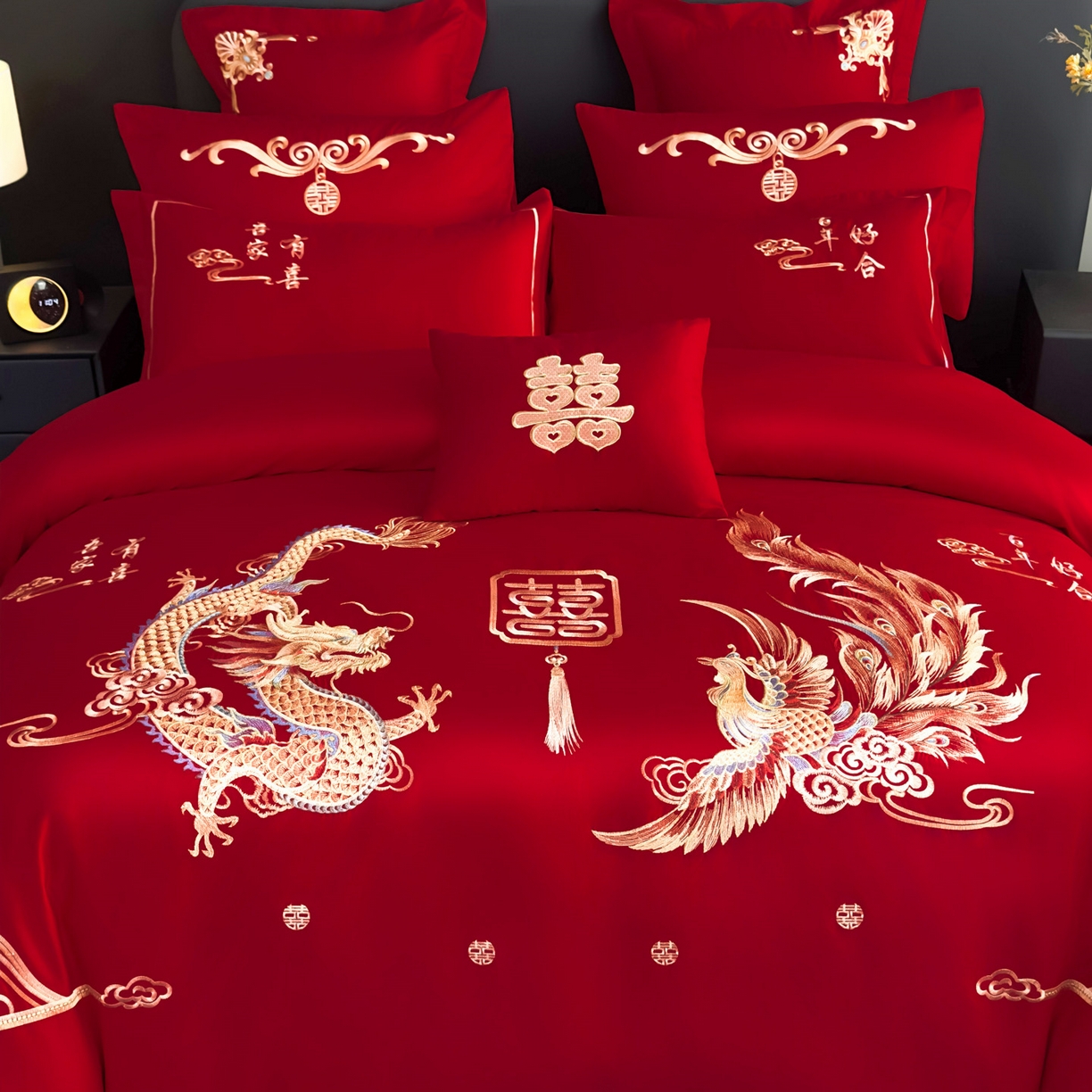 91家纺网 家纺一手货源 找家纺 娇伊诗婚庆 2025新款刺绣工艺全棉婚庆四件套系列 龙凤贺喜