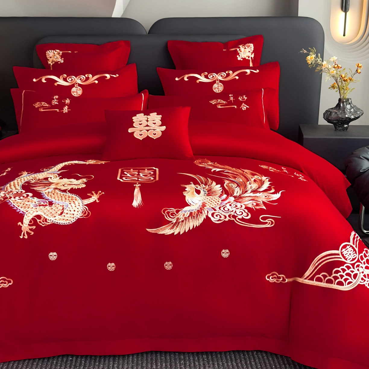 91家纺网 家纺一手货源 找家纺 娇伊诗婚庆 2025新款刺绣工艺全棉婚庆四件套系列 龙凤贺喜