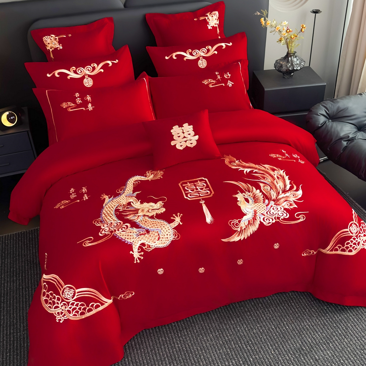 91家纺网 家纺一手货源 找家纺 娇伊诗婚庆 2025新款刺绣工艺全棉婚庆四件套系列 龙凤贺喜