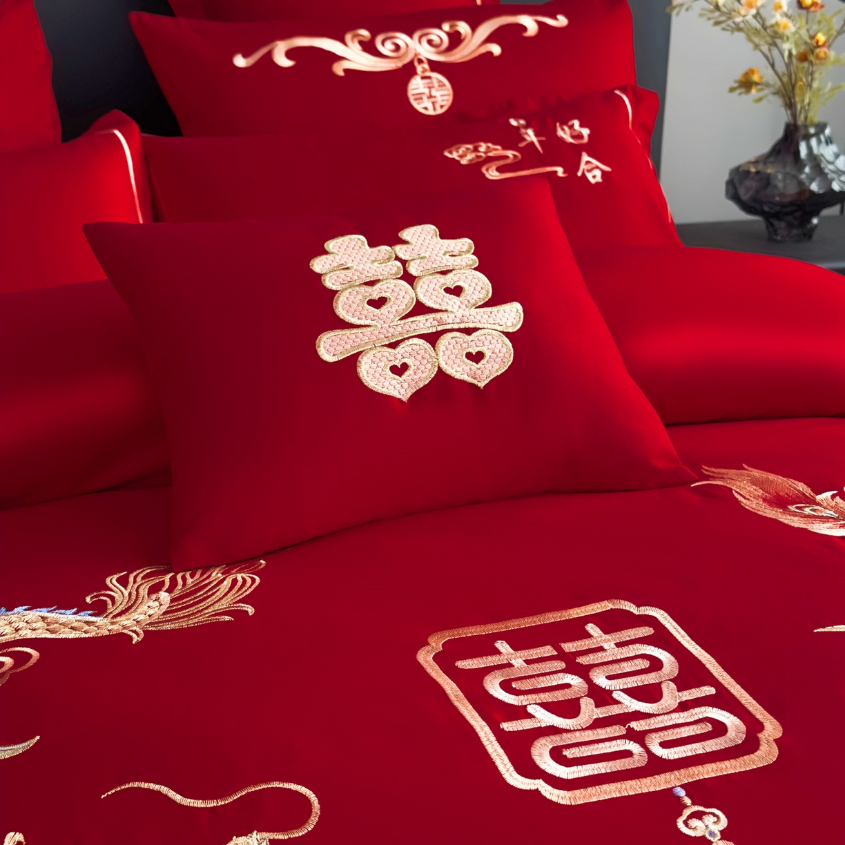 91家纺网 家纺一手货源 找家纺 娇伊诗婚庆 2025新款刺绣工艺全棉婚庆四件套系列 龙凤贺喜