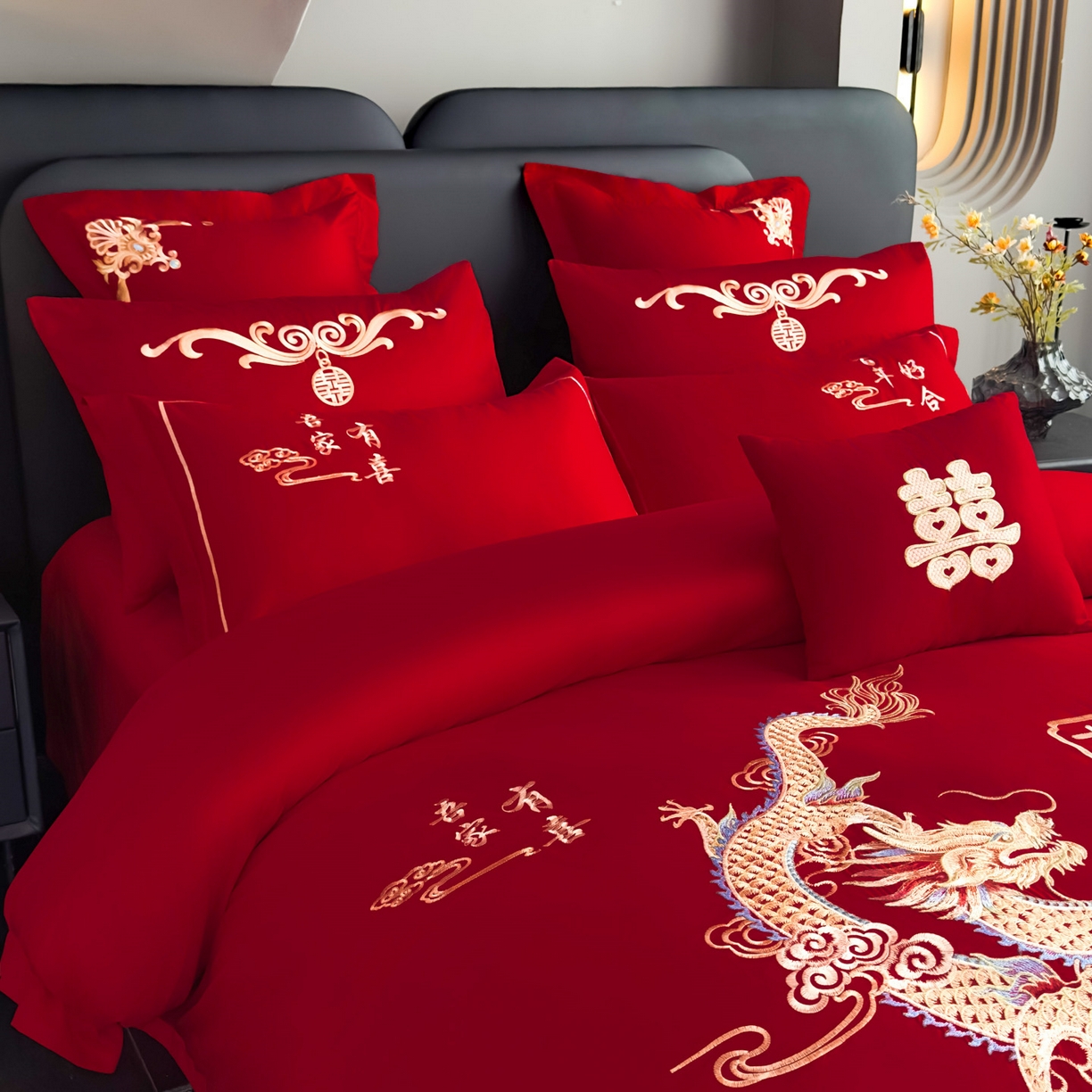 91家纺网 家纺一手货源 找家纺 娇伊诗婚庆 2025新款刺绣工艺全棉婚庆四件套系列 龙凤贺喜