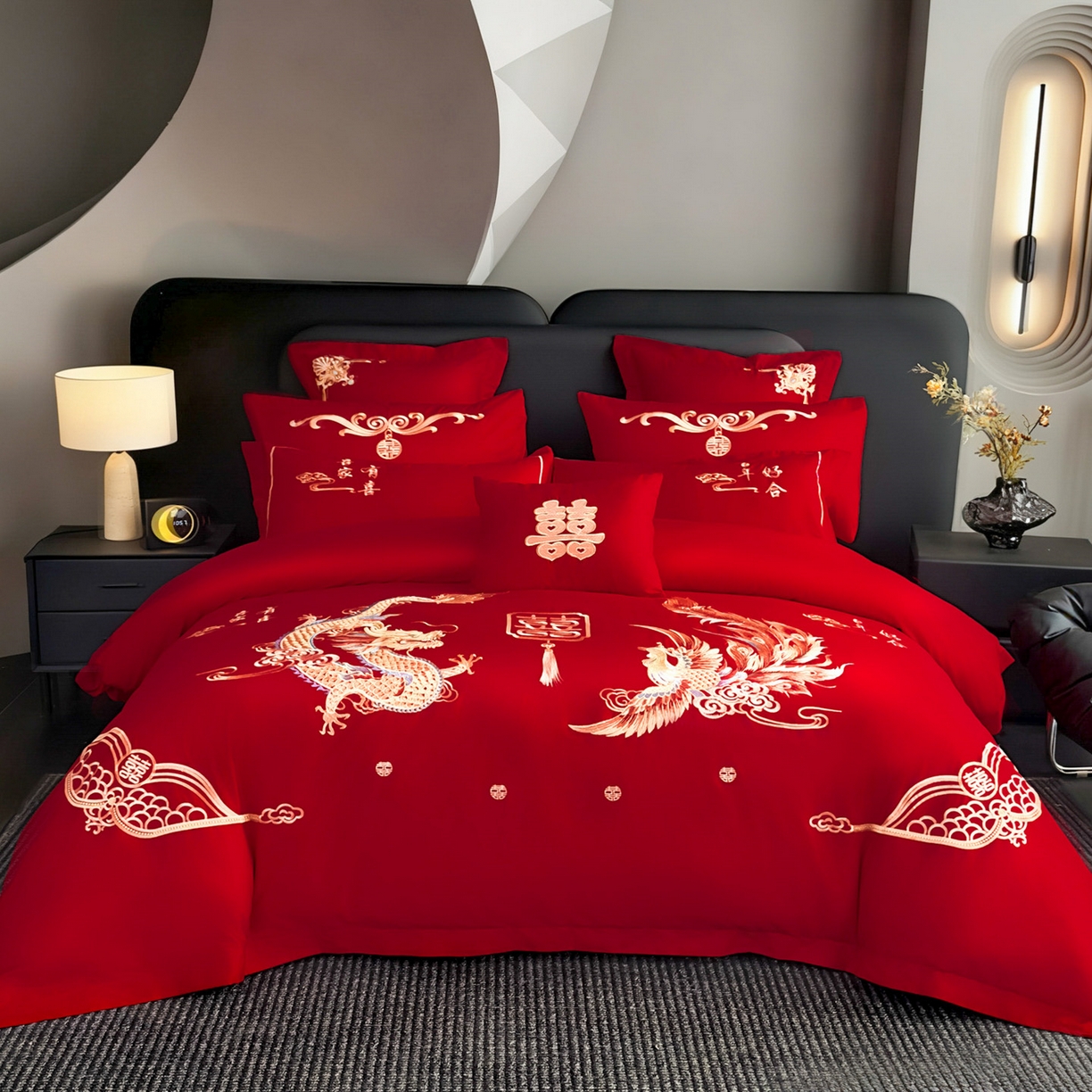 91家纺网 家纺一手货源 找家纺 娇伊诗婚庆 2025新款刺绣工艺全棉婚庆四件套系列 龙凤贺喜