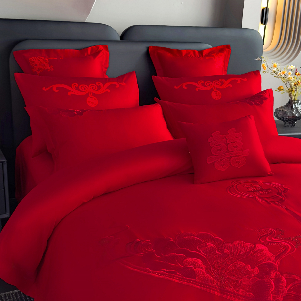 91家纺网 家纺一手货源 找家纺 娇伊诗婚庆 2025新款刺绣工艺全棉婚庆四件套系列 幸福美满红